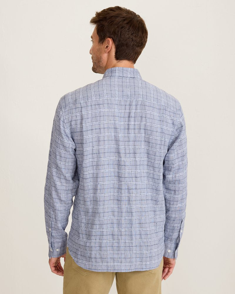 Barbados Breeze Playa Plaid Stretch-Linen Shirt - Raincloud