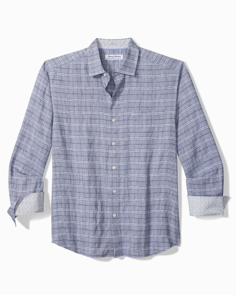 Barbados Breeze Playa Plaid Stretch-Linen Shirt - Raincloud