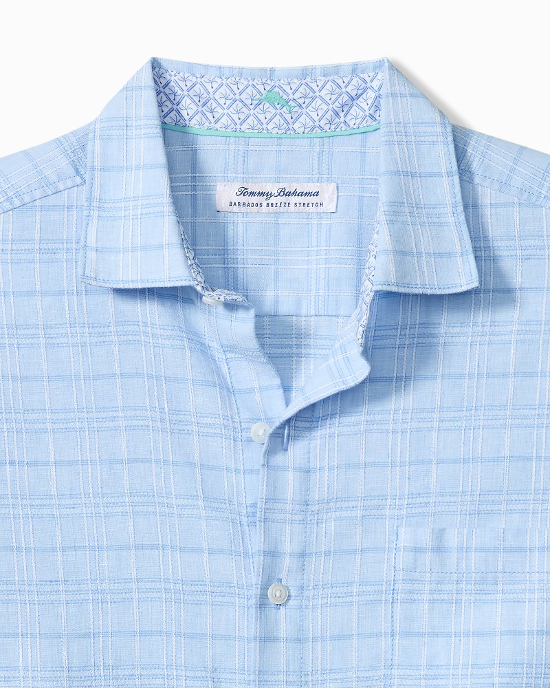 Barbados Breeze Playa Plaid Stretch-Linen Shirt - Aqua Ice