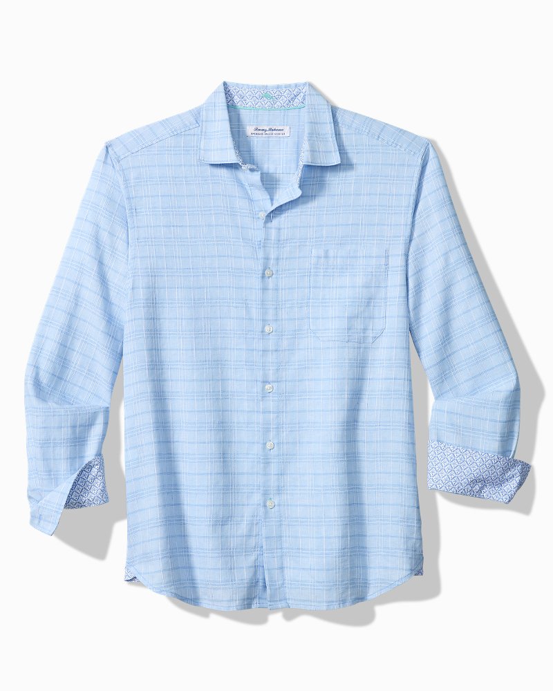 Barbados Breeze Playa Plaid Stretch-Linen Shirt - Aqua Ice