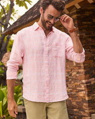 Paradisio Plaid Linen Long-Sleeve Shirt - Passion Peach