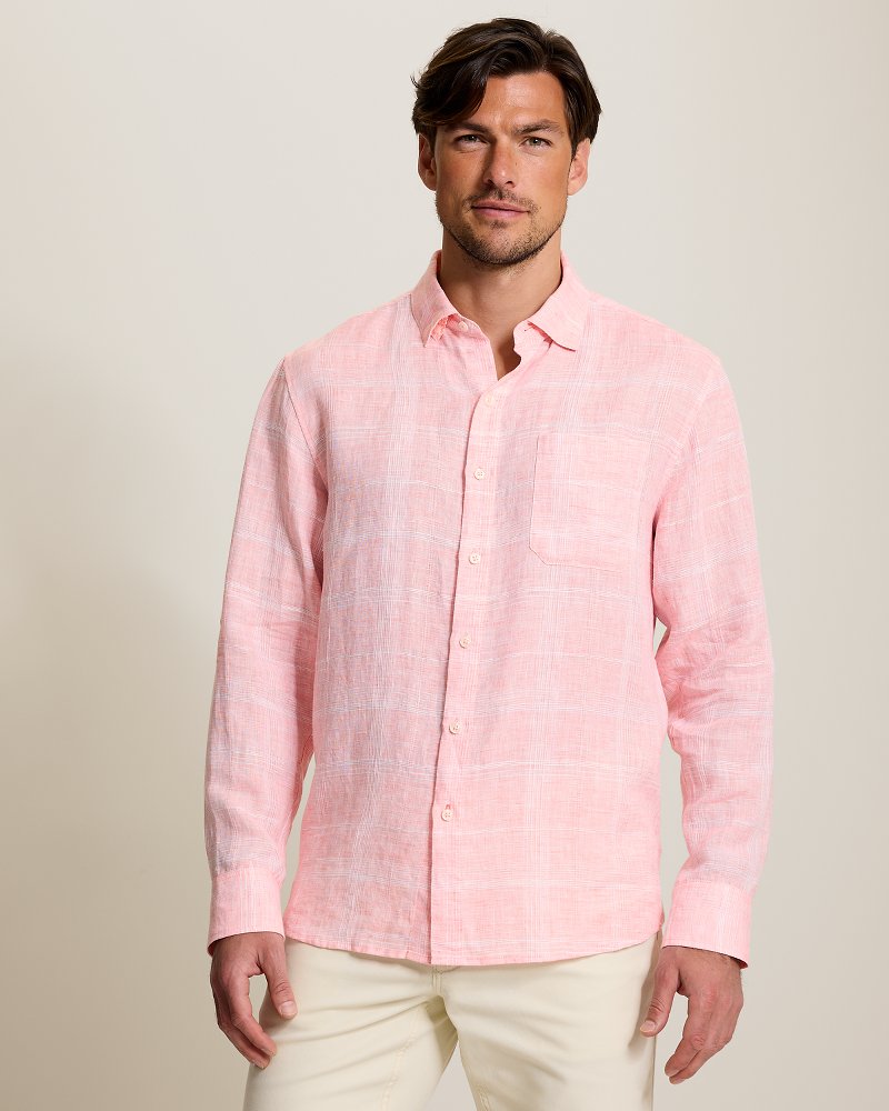 Paradisio Plaid Linen Long-Sleeve Shirt - Passion Peach