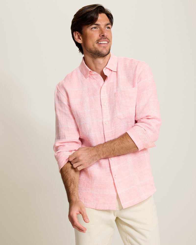 Paradisio Plaid Linen Long-Sleeve Shirt - Passion Peach