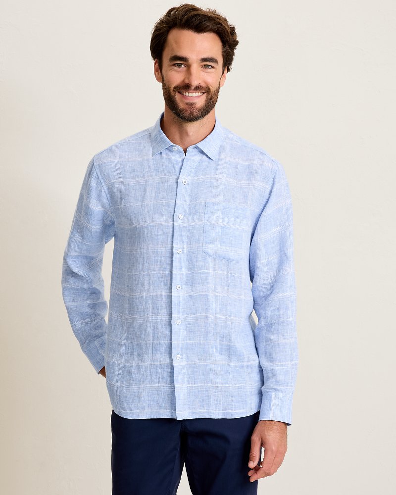 Paradisio Plaid Linen Long-Sleeve Shirt - Light Sky