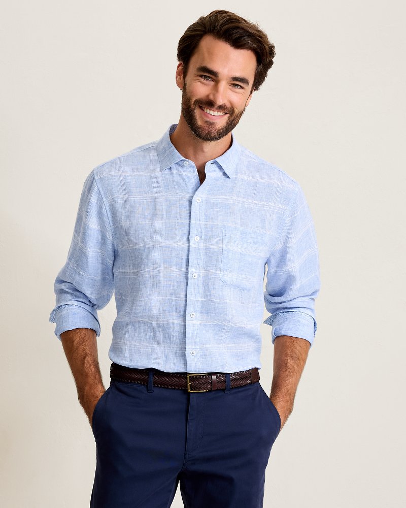 Paradisio Plaid Linen Long-Sleeve Shirt - Light Sky