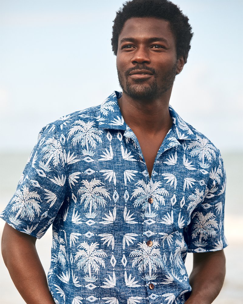 Palm Press Linen Camp Shirt - Cobalt Sea