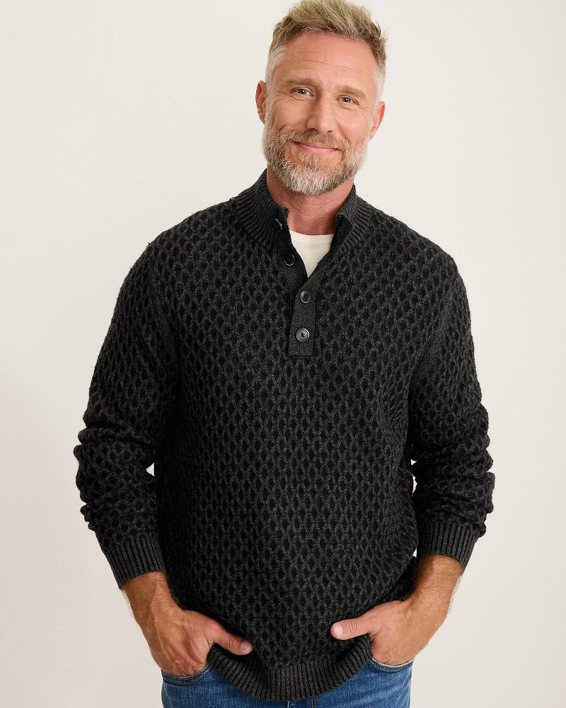 Cross Cable Button-Neck Sweater - Black