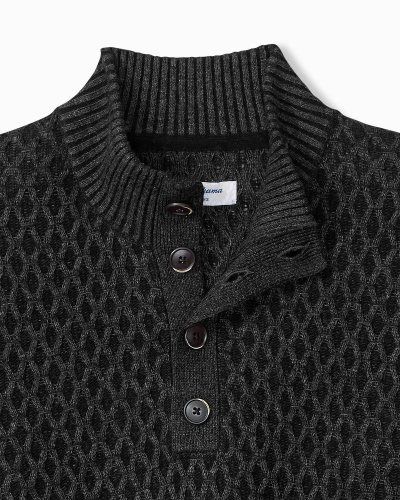 Cross Cable Button-Neck Sweater - Black