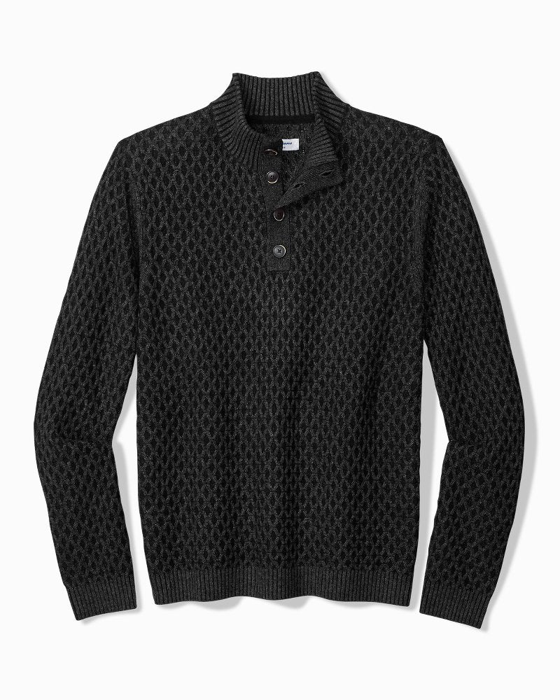 Cross Cable Button-Neck Sweater - Black
