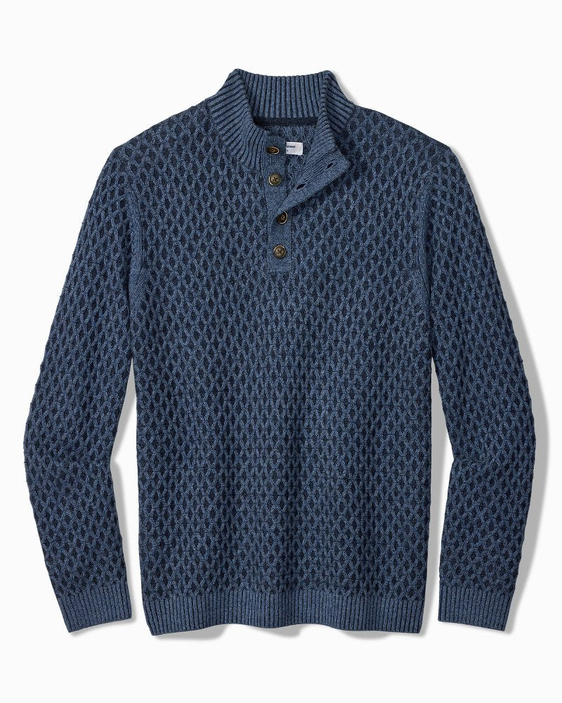 Cross Cable Button-Neck Sweater - Coastline