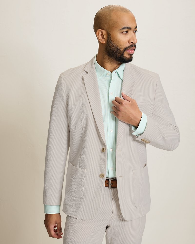 Nova Wave Stretch-Seersucker Sand Stripe Blazer - Stone Khaki