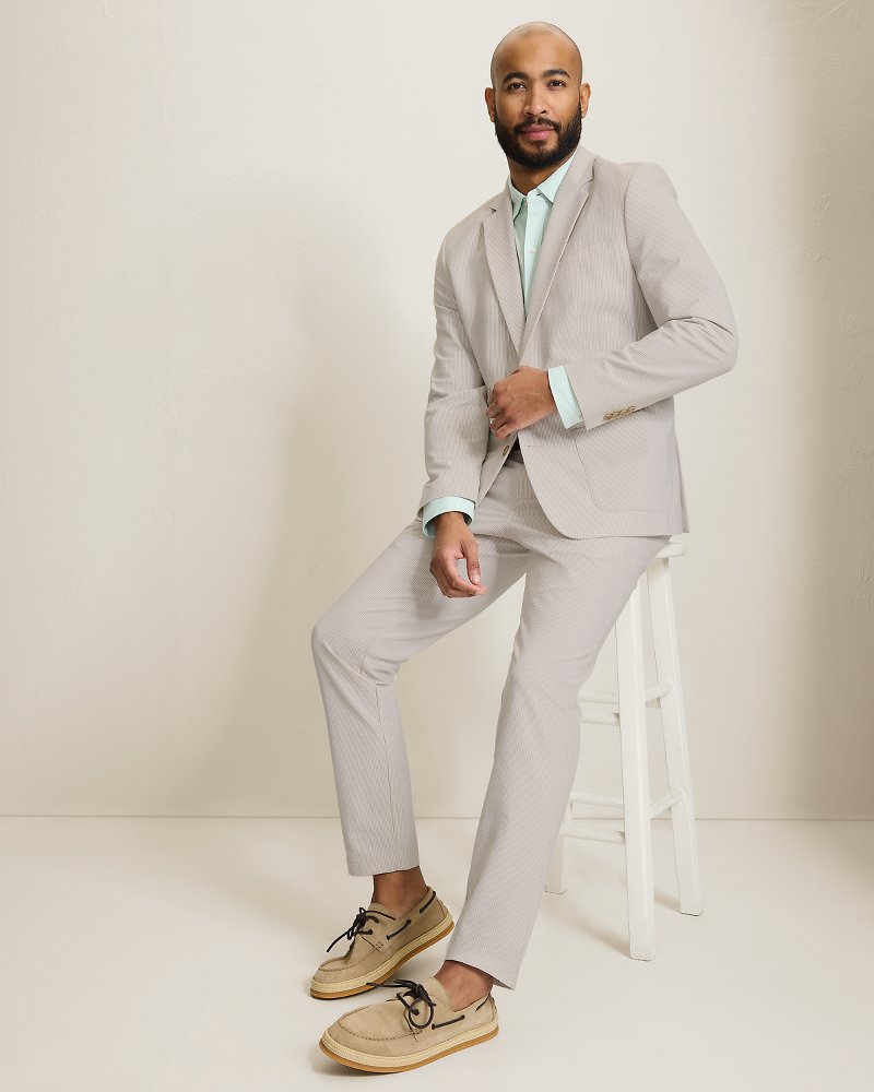 Nova Wave Stretch-Seersucker Sand Stripe Blazer - Stone Khaki