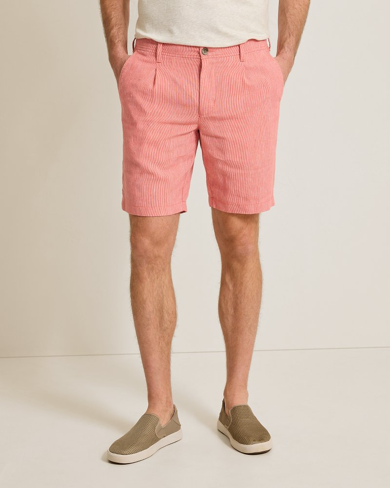 Isla Sands Stripe Stretch-Linen 9-Inch Shorts - Red Sunset