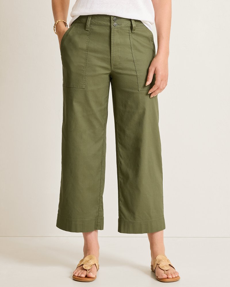 Seaside Breeze Cropped Stretch-Linen Pants - Dark Fern