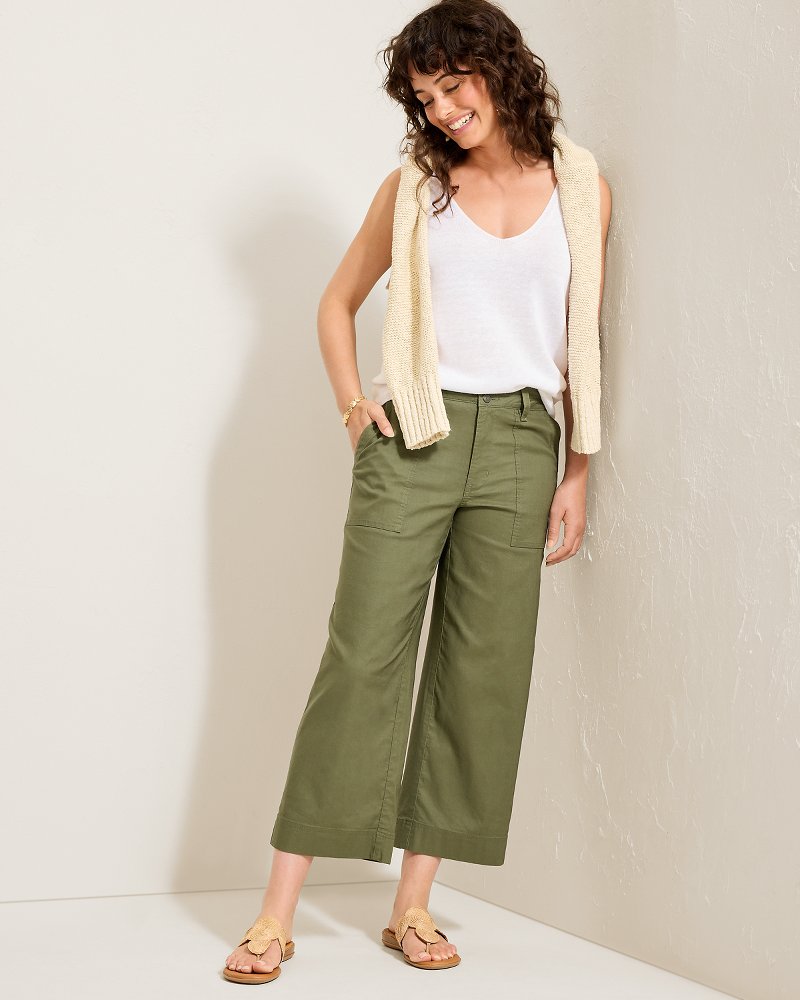 Seaside Breeze Cropped Stretch-Linen Pants - Dark Fern