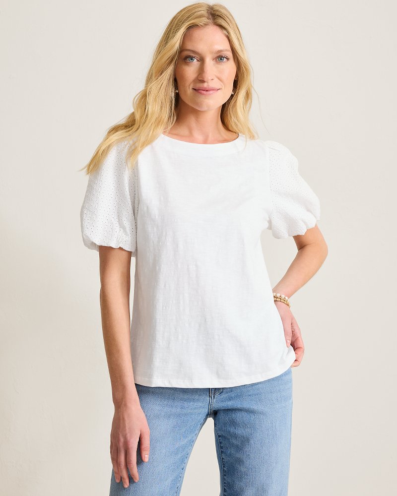 Eyelet Puff-Sleeve Lux T-Shirt - White