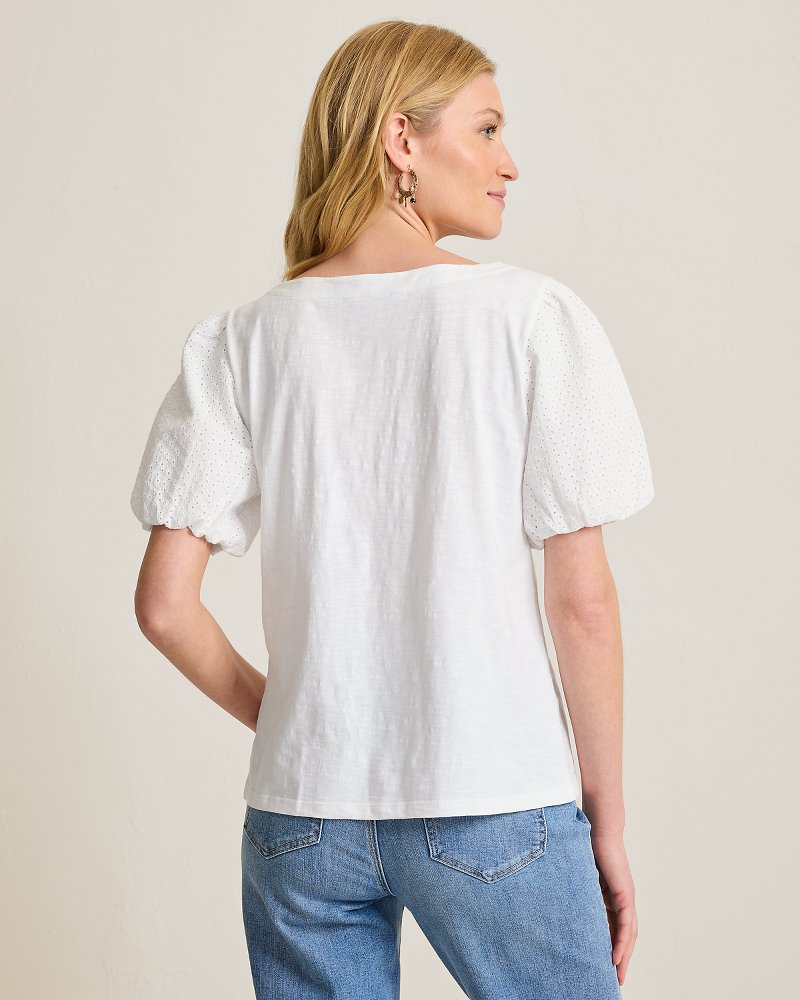 Eyelet Puff-Sleeve Lux T-Shirt - White