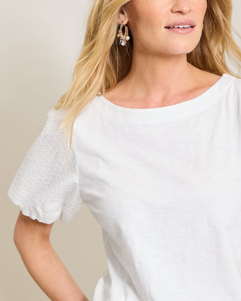 Eyelet Puff-Sleeve Lux T-Shirt - White