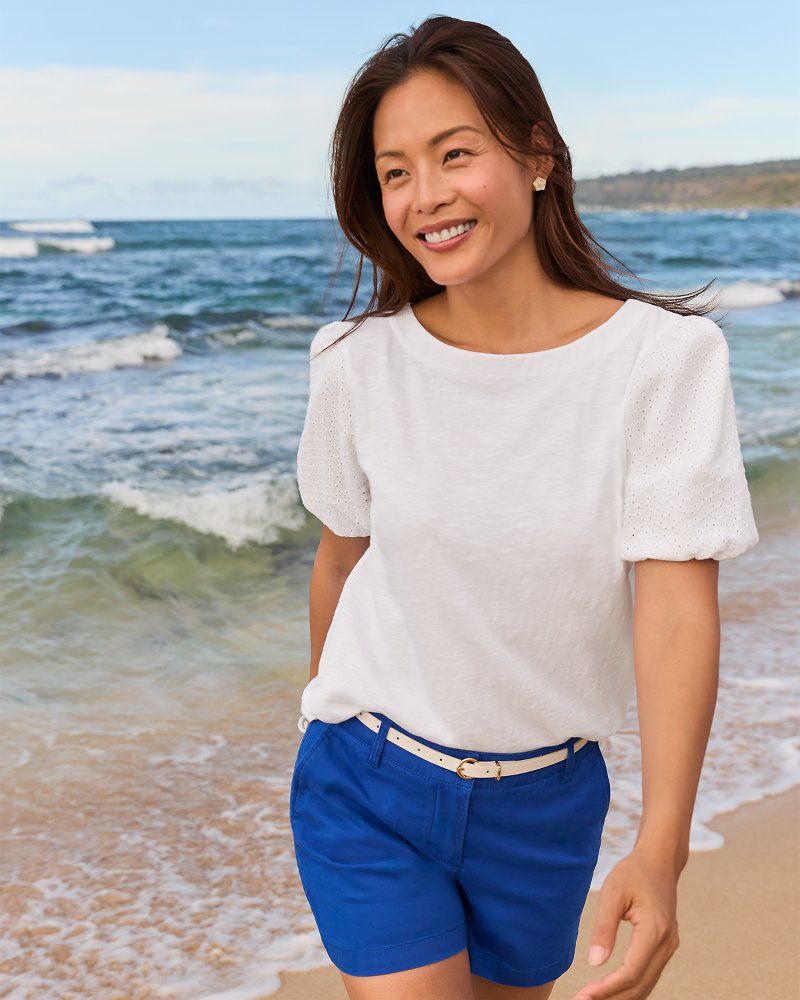 Eyelet Puff-Sleeve Lux T-Shirt - White