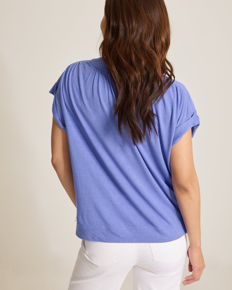Linen-Blend Short-Sleeve Top - Blue Cove