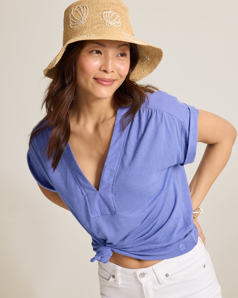 Linen-Blend Short-Sleeve Top - Blue Cove
