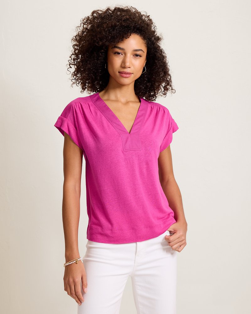 Linen-Blend Short-Sleeve Top - Very Berry