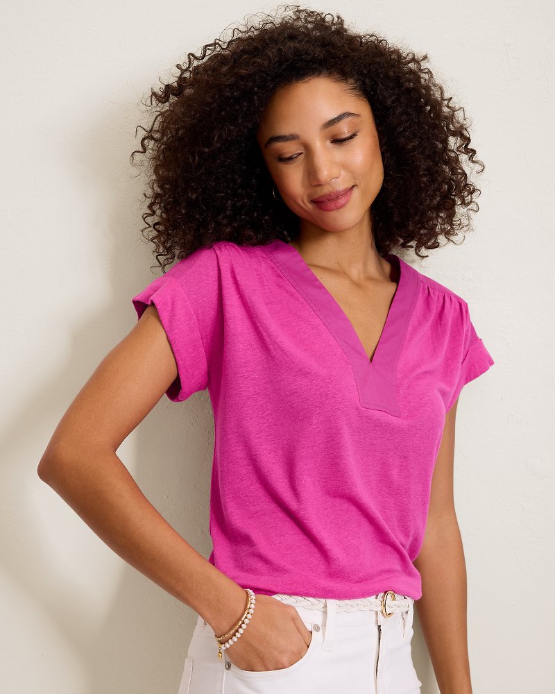 Linen-Blend Short-Sleeve Top - Very Berry
