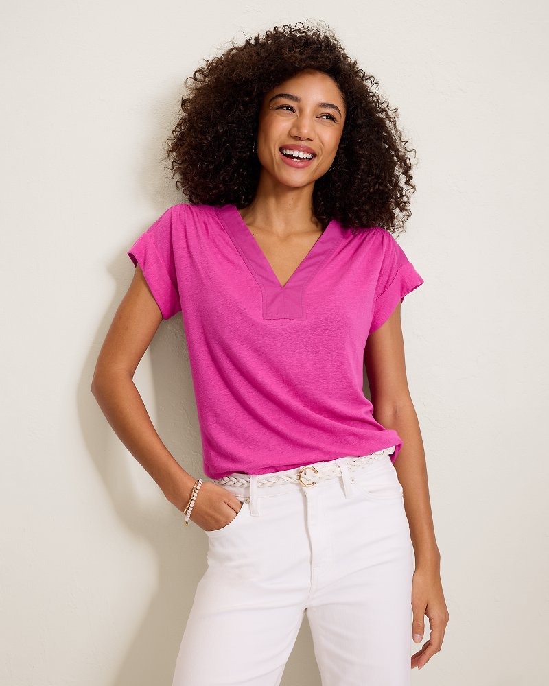 Linen-Blend Short-Sleeve Top - Very Berry