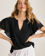 Gem Coast Flounced Schiffli Top - Black