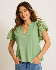 Gem Coast Flounced Schiffli Top - Natural Mint