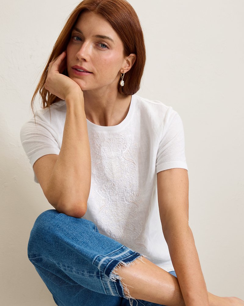 Noble Pineapple Embroidered Linen-Blend T-Shirt - White