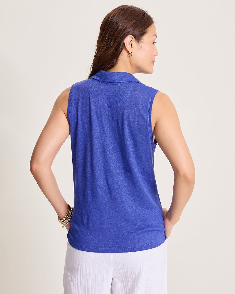 Linnea Johnny Collar Linen Tank Top - Bold Blue