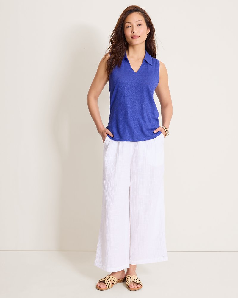 Linnea Johnny Collar Linen Tank Top - Bold Blue