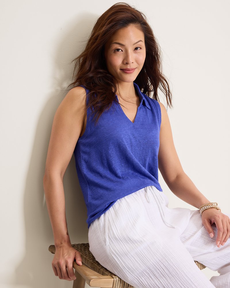 Linnea Johnny Collar Linen Tank Top - Bold Blue