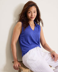 Linnea Johnny Collar Linen Tank Top - Bold Blue