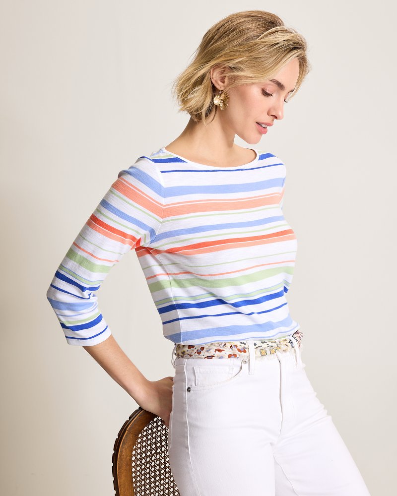 Ashby Isles Nautical Stripe 3/4-Sleeve T-Shirt - Bright Peach