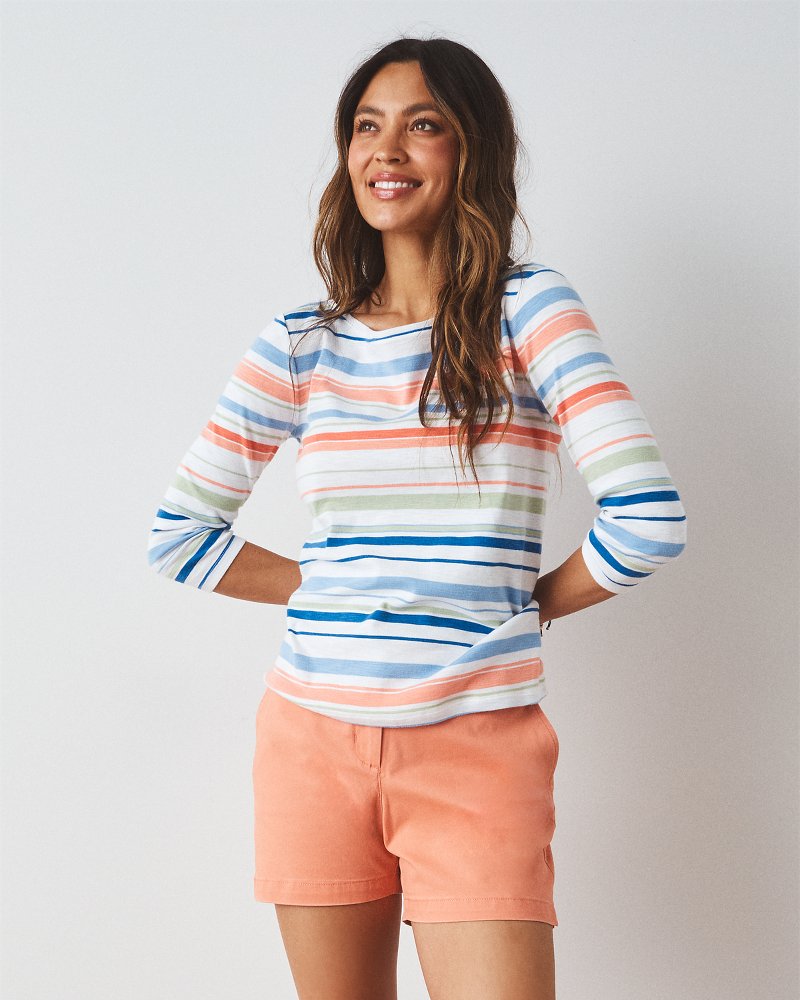 Ashby Isles Nautical Stripe 3/4-Sleeve T-Shirt - Bright Peach