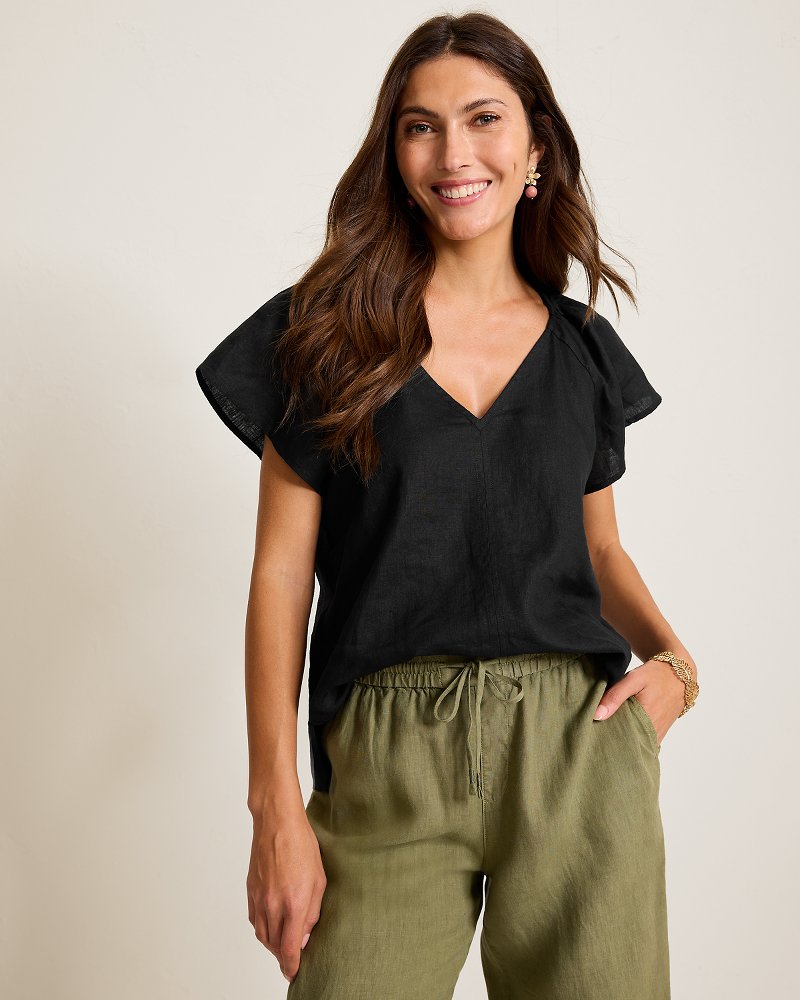 Coastalina Linen V-Neck Flutter Top - Black