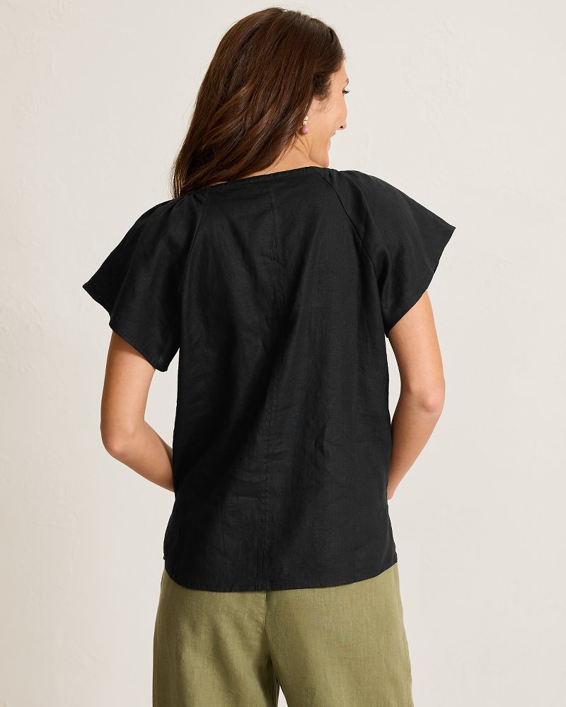 Coastalina Linen V-Neck Flutter Top - Black