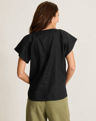 Coastalina Linen V-Neck Flutter Top - Black