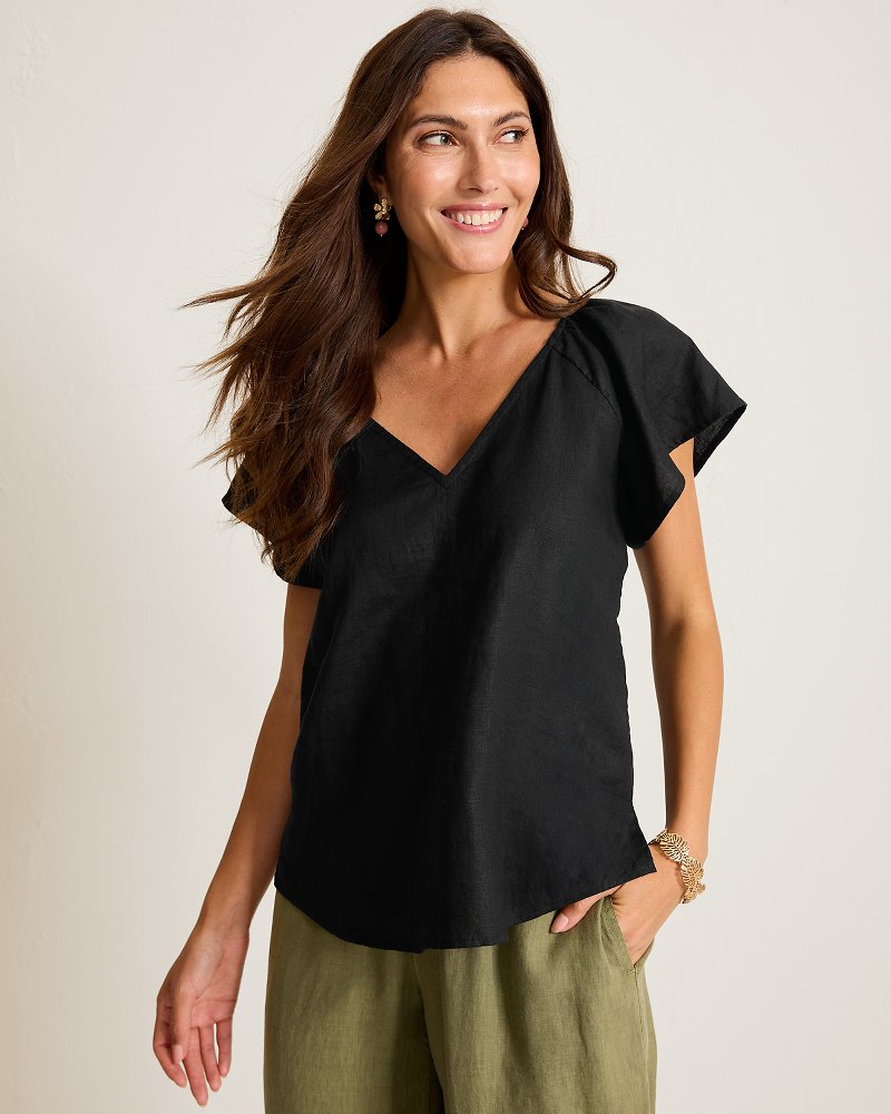 Coastalina Linen V-Neck Flutter Top - Black