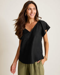 Coastalina Linen V-Neck Flutter Top - Black