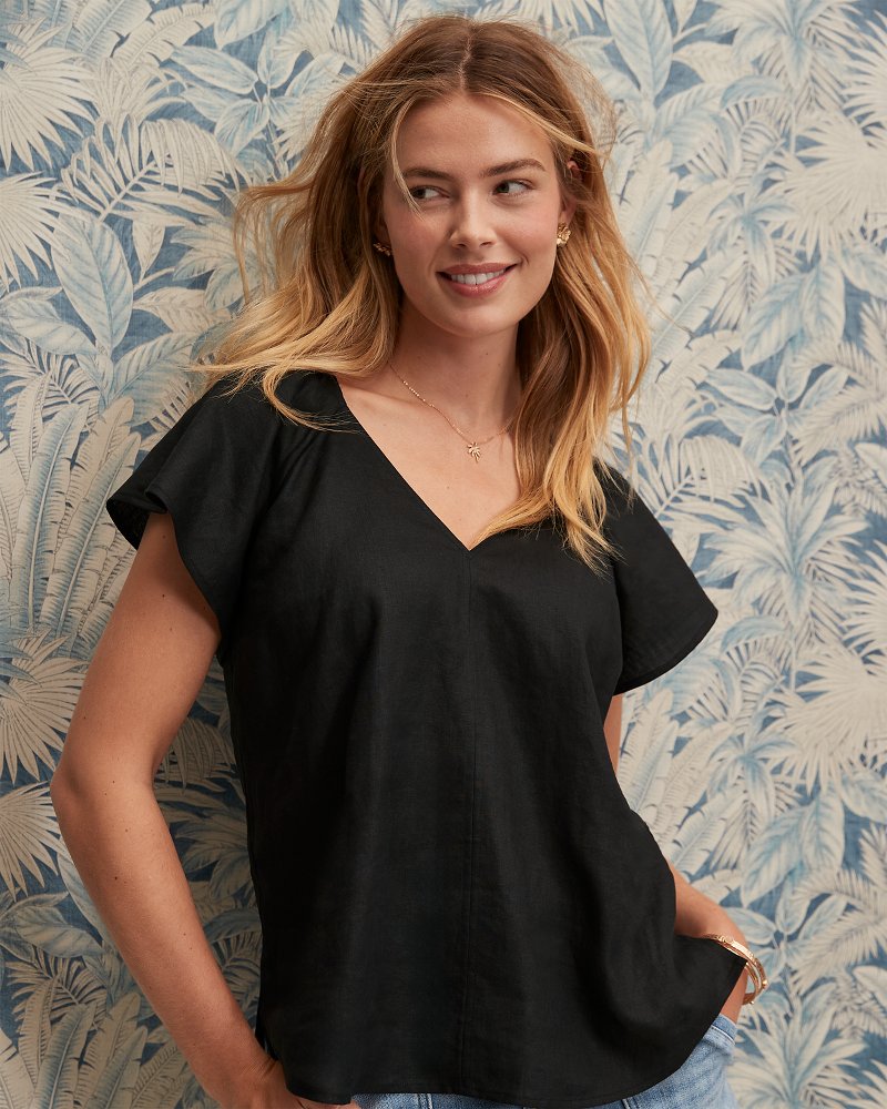 Coastalina Linen V-Neck Flutter Top - Black