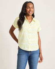 Coastalina Linen Coastal Tiles Camp Shirt - Lettuce Green
