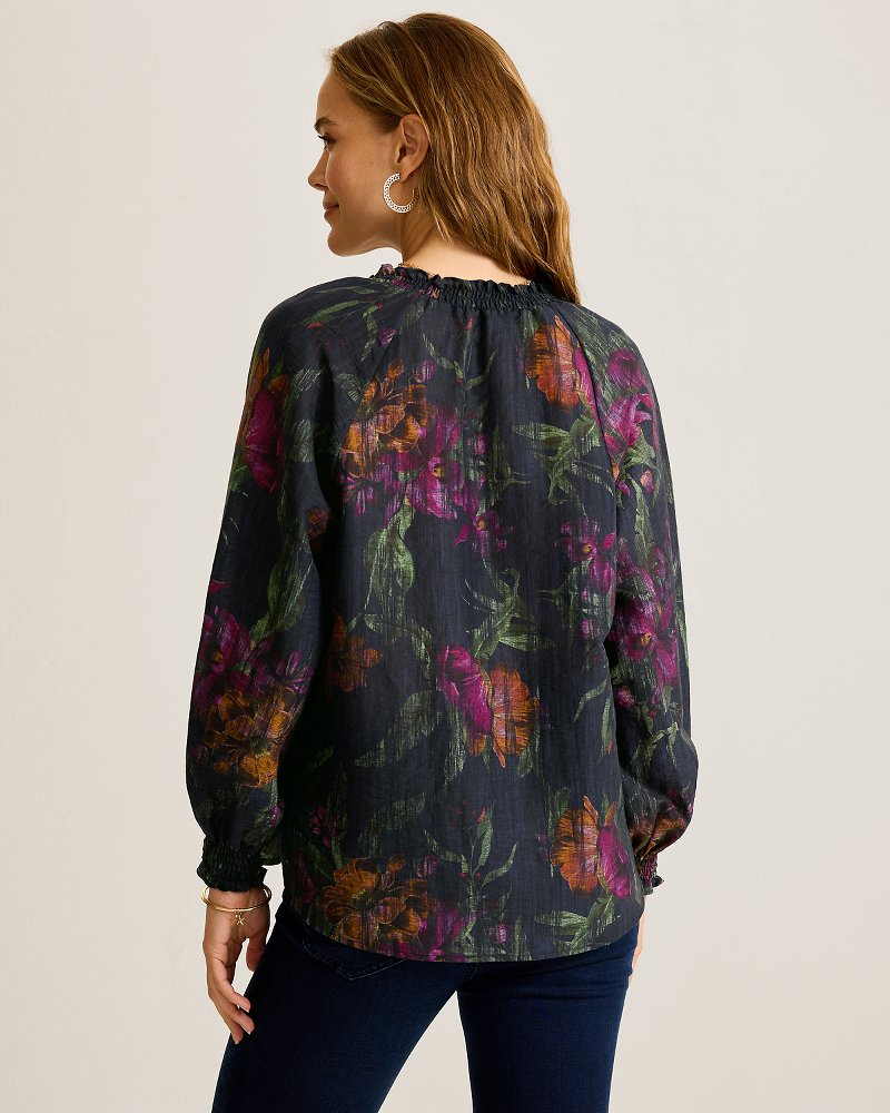 Orchid Isle Linen-Blend Blouse - Black