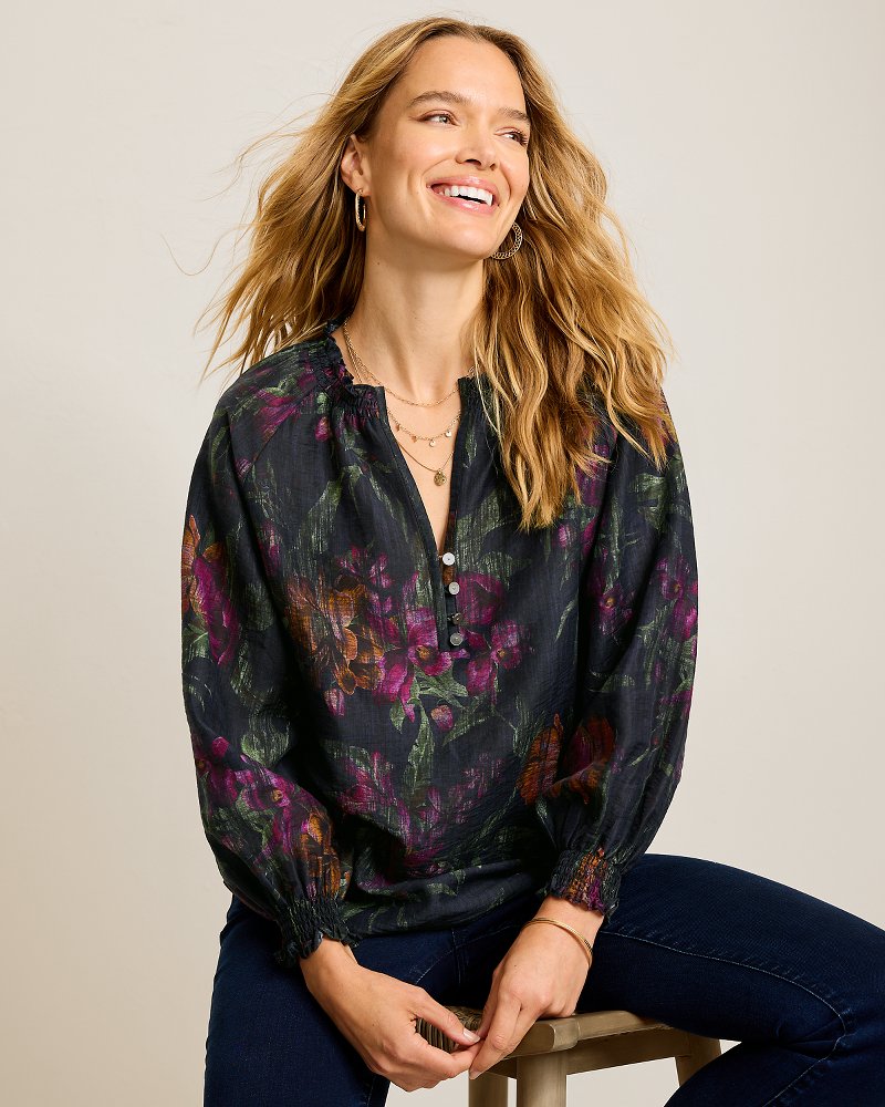 Orchid Isle Linen-Blend Blouse - Black