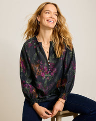Orchid Isle Linen-Blend Blouse - Black