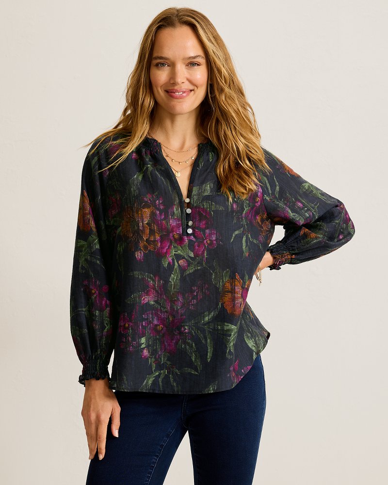 Orchid Isle Linen-Blend Blouse - Black