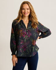 Orchid Isle Linen-Blend Blouse - Black