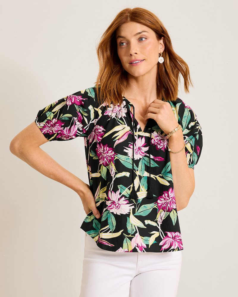 Twilight Bloom Puff-Sleeve Poplin Top - Black